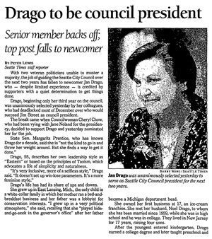 Newspaper clipping says Drago to be council president. 